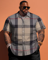 Big Men Classic Khaki Plaid Short Sleeve Shirt Shorts Set